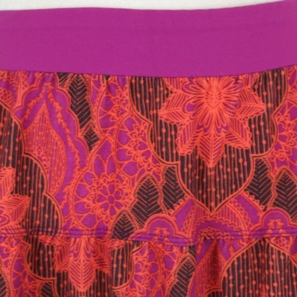 Prana Tranquility Women's Large Purple Orange Floral Tiered A-Line Knit Skirt - Picture 2 of 6